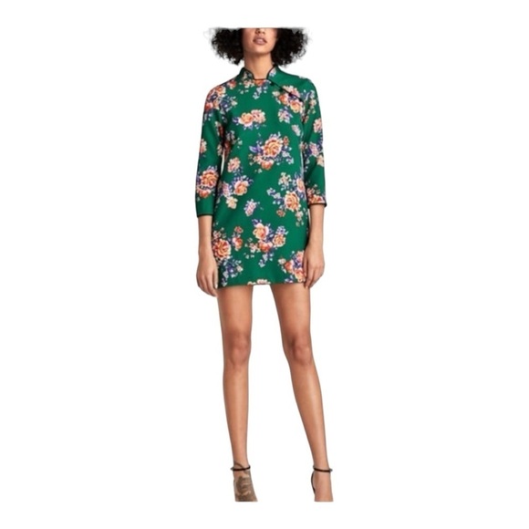 ZARA WOMAN Cheongsam Mini Dress Mandarin Collar Green Floral Size Small - Picture 3 of 16